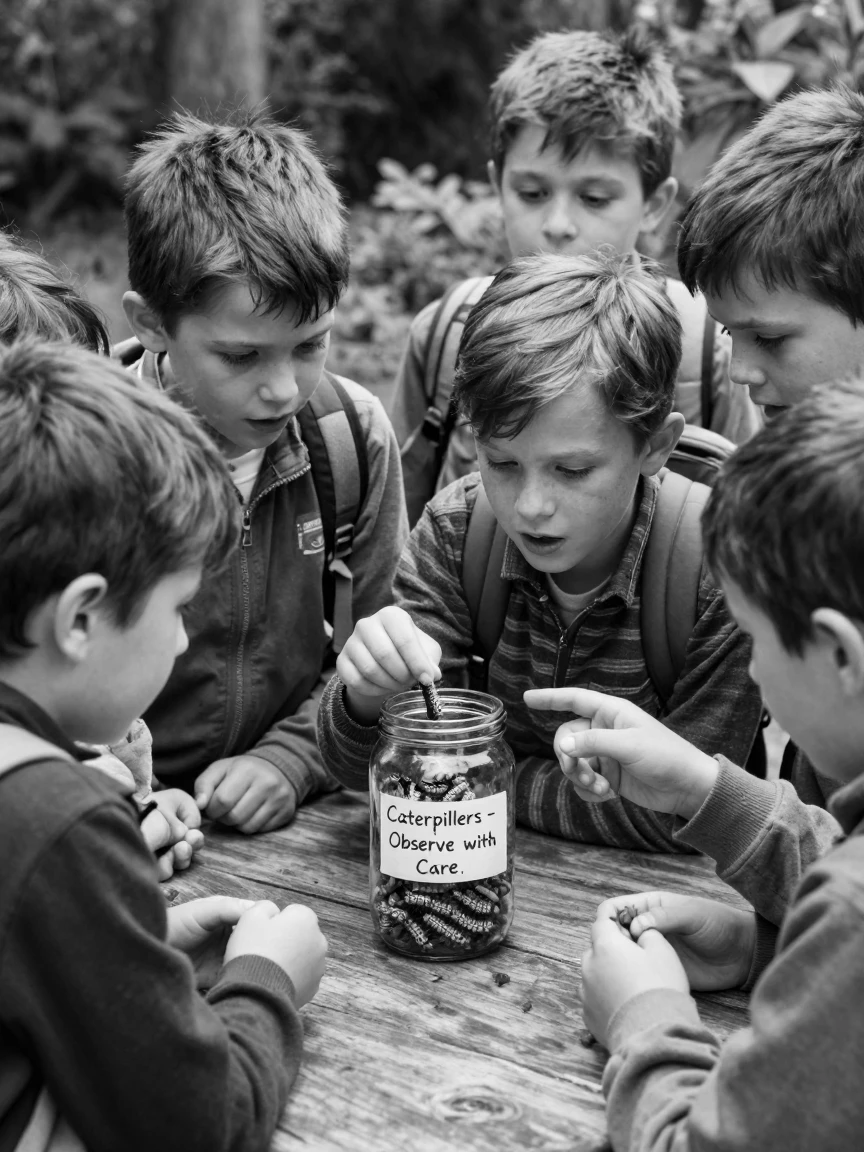 A group of schoolchildren examines a jar of caterpillars at an outdoor nature table.