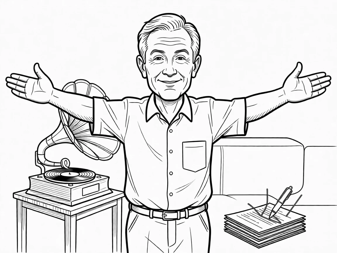 A retired postman reminiscing about his old delivery route, throwing both arms wide to act out the biggest wave, set in a cozy living room with an old record player. Red pen marks trail across a stack of essays. The image honors a lifetime of stories worth telling.