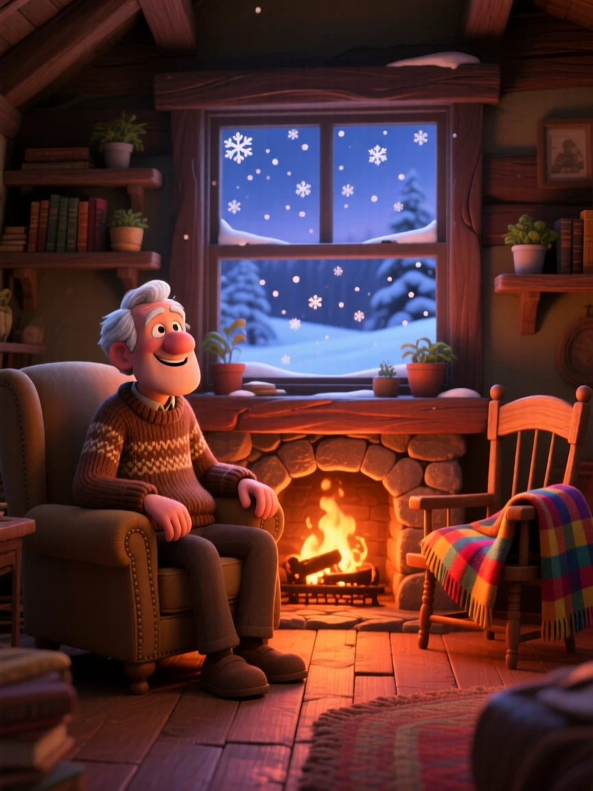 An elderly man with a warm smile sits beside a crackling stone fireplace, watching snowflakes drift past the window. A feeling of safety and slow relaxation lingers here, with a plaid blanket draped over a chair.