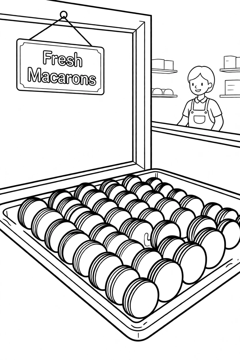 A tray of colorful macarons in a bakery window