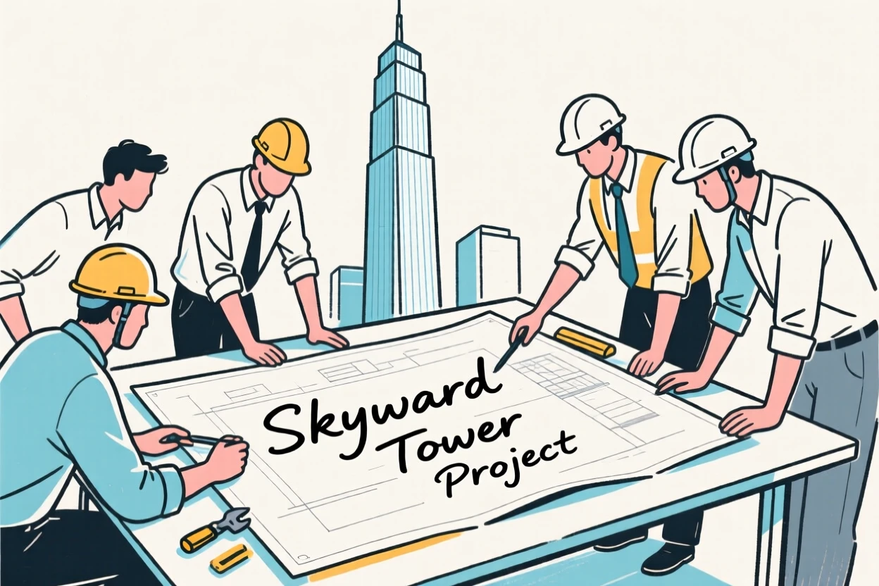 A group of engineers reviewing blueprints for a towering skyscraper.