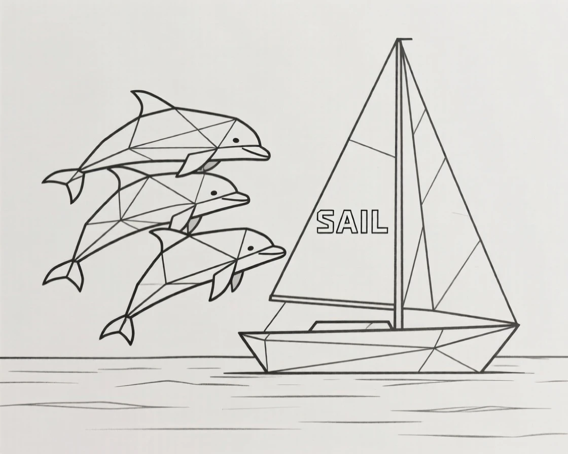 A dolphin pod swimming beside a sailboat