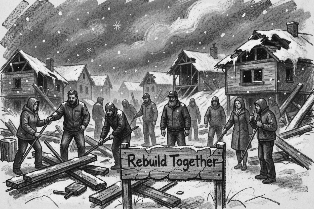 A community coming together to rebuild after a storm, under a soft blanket of falling snow.