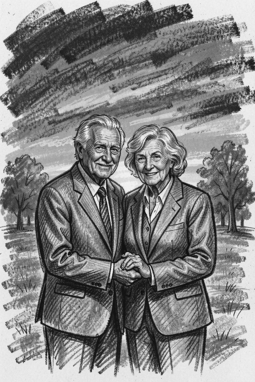 An elderly couple renewing their vows after fifty years, beneath a sky streaked with sunset colors.