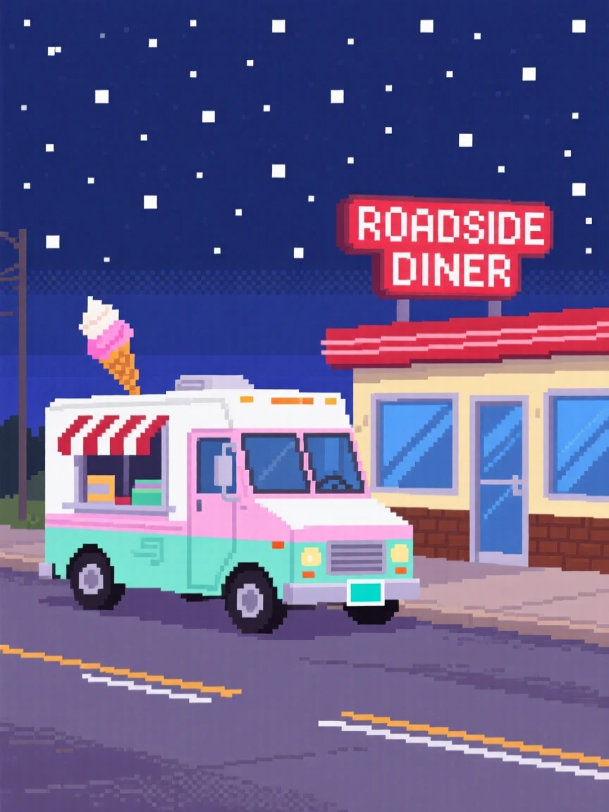 An ice cream truck parked on a quiet street set against a sky full of stars, at a roadside diner along an old highway.