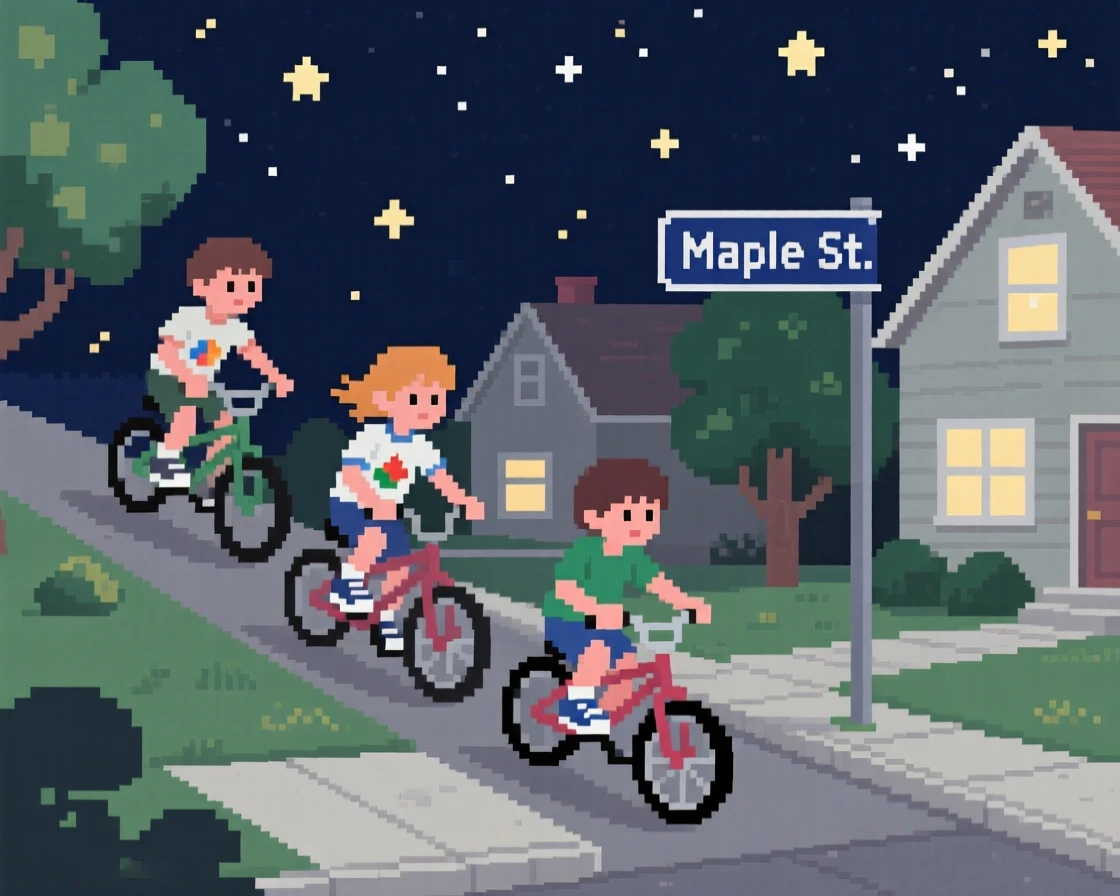 A group of kids riding bicycles down a hill set against a sky full of stars, on a quiet suburban street in the 1980s.