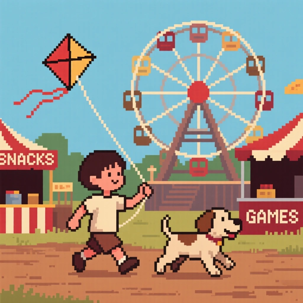A child flying a kite with an old dog trotting along beside them, at a small-town fair with a ferris wheel.