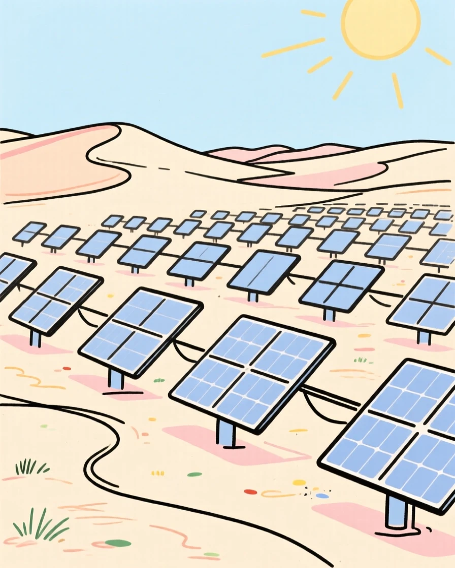 A solar panel field stretching across a sunny desert landscape.