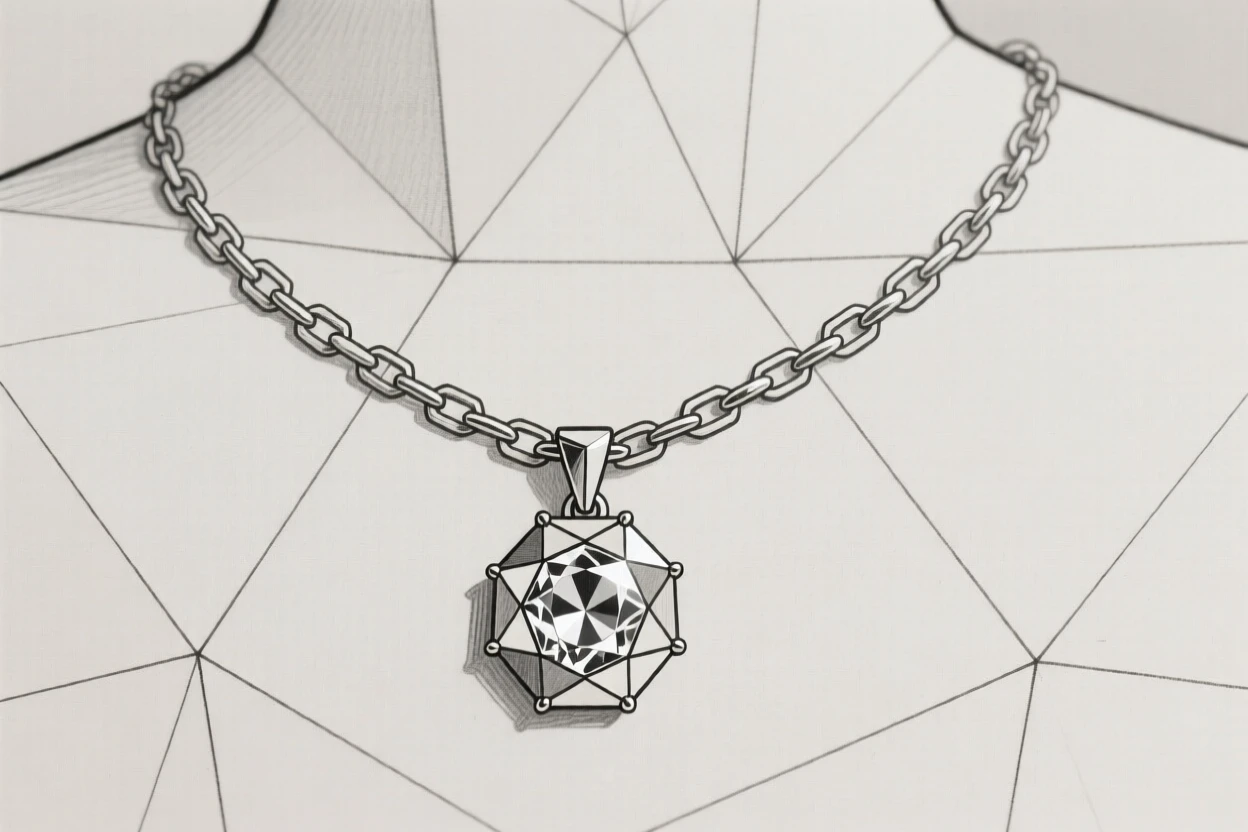 An ornate necklace with a sparkling gemstone pendant