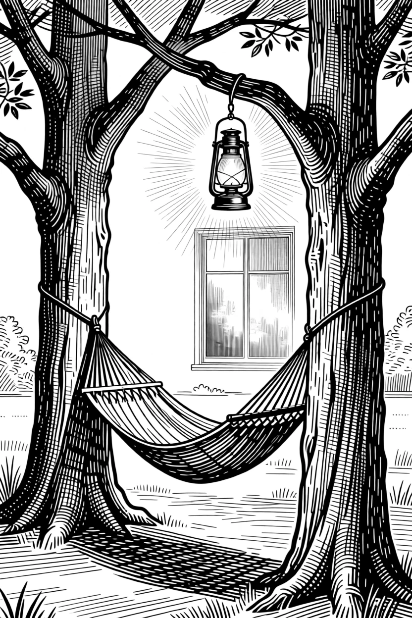 A hammock strung between two trees at sunset beneath the glow of a single warm lamp, with a window fogged slightly at the edges, evoking a deeply peaceful sense of calm.