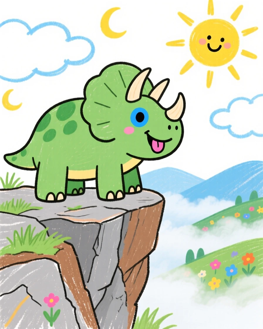 A friendly triceratops with three curved horns on a rocky cliff overlooking a misty valley.