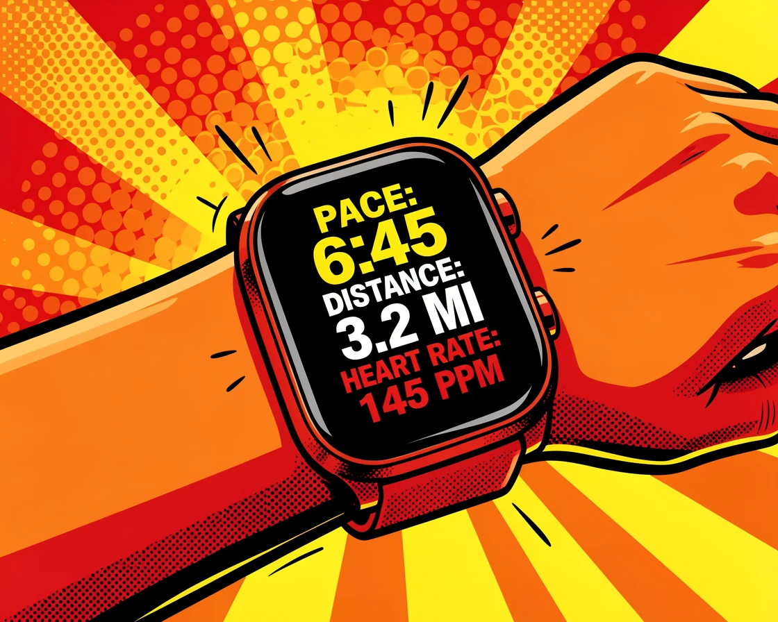 A smartwatch displaying stats on a runner's wrist at sunrise