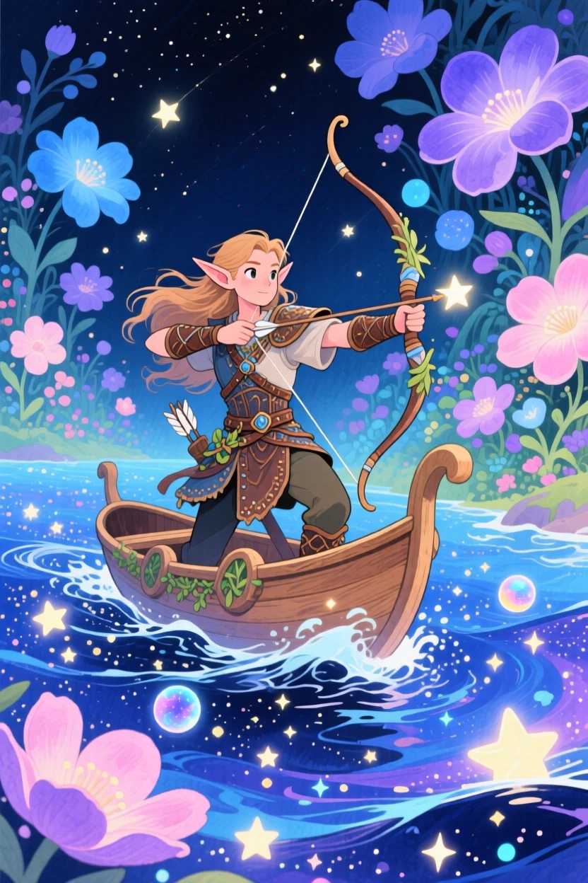 An elven archer sailing a ship through a sea of stars, in a magical garden where flowers glow at night, radiating hope and heroic determination.