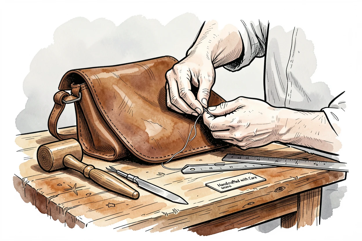 A leatherworker stitching a handmade satchel at a rustic workbench, small details revealing years of practiced dedication.