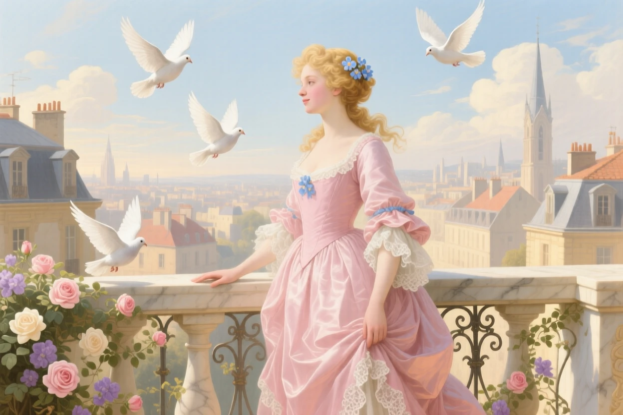 A young woman standing on a balcony as doves fly over a sunlit city  