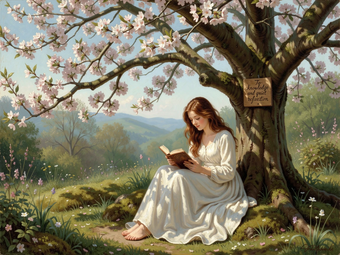 A young woman reads beneath a blossoming tree in a quiet garden.