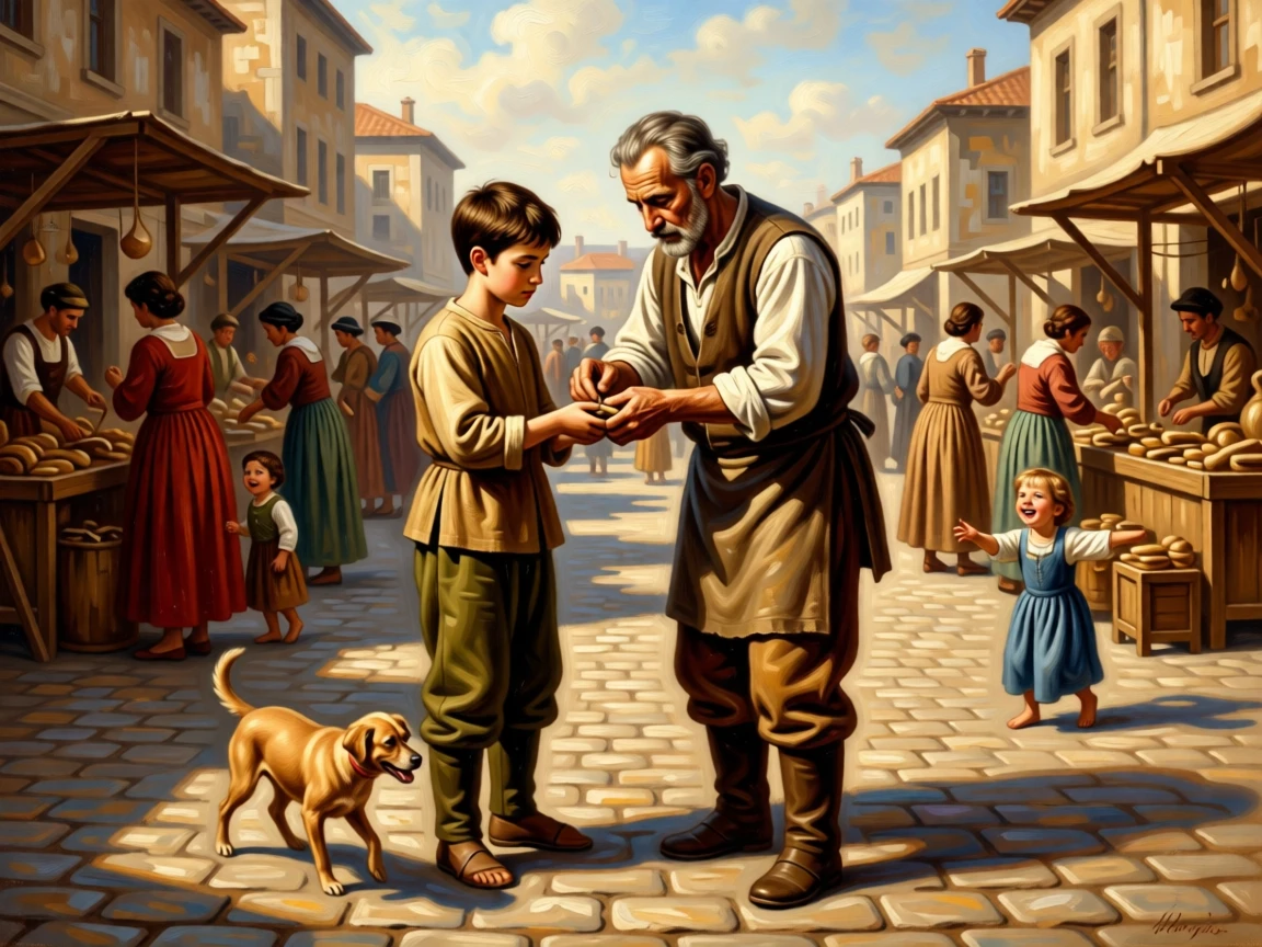A young apprentice learning the trade from a patient craftsman as ordinary labor takes on unexpected grace, set within a bustling market square filled with color and life, with children's laughter and a stray dog weaving underfoot; warm natural light elevates a humble scene into something timeless, radiating simple contentment and honest labor.