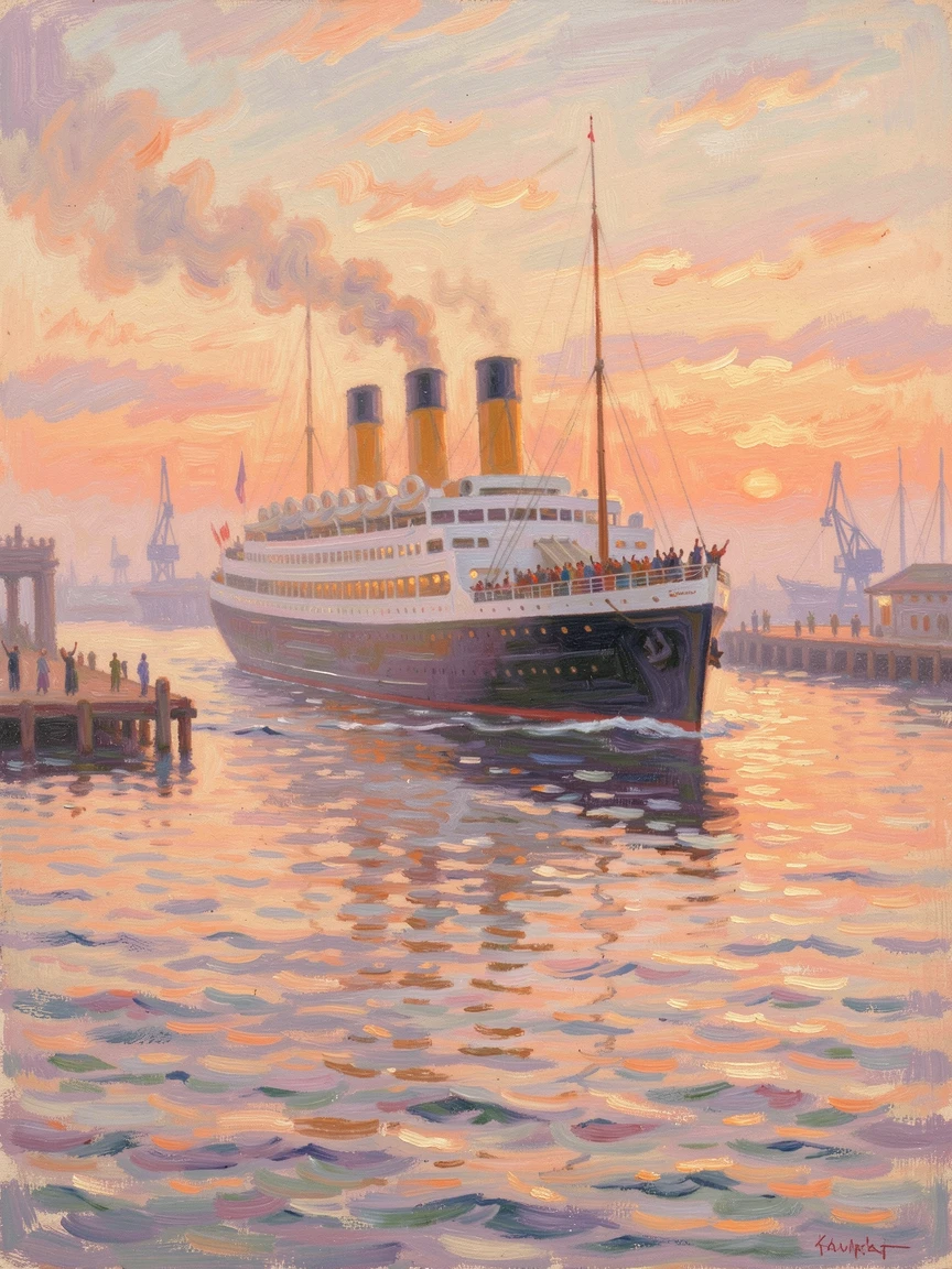 A grand transatlantic ocean liner departing harbor as passengers wave from the deck railings, under a glowing sunset sky, capturing a moment of quiet intimacy.