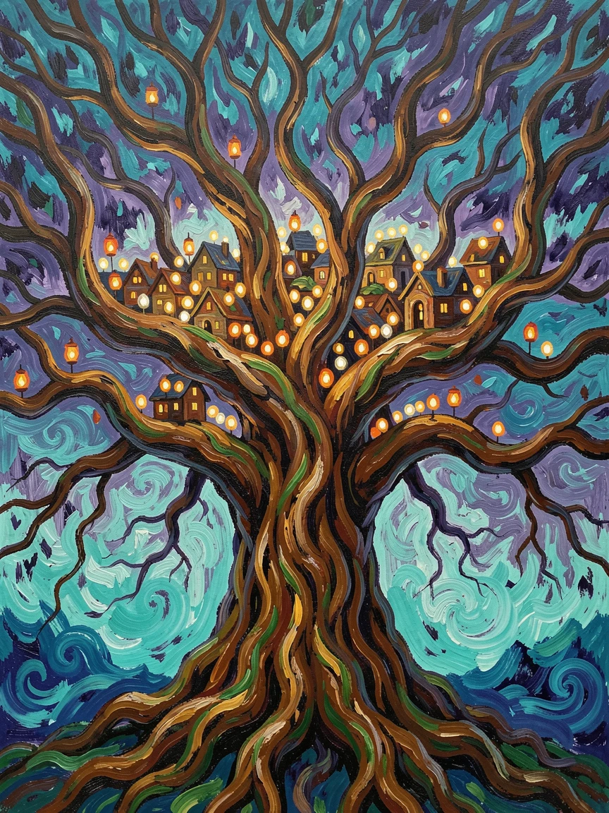 A colossal tree whose branches hold an entire village of tiny glowing lights.
