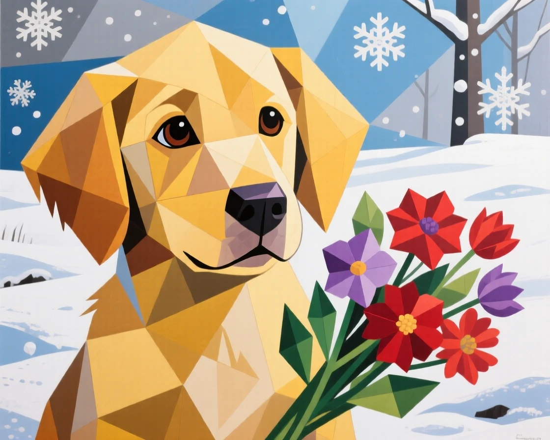 A charming portrait of a golden retriever puppy sniffing curiously at a bouquet of flowers, during a quiet snowy morning.