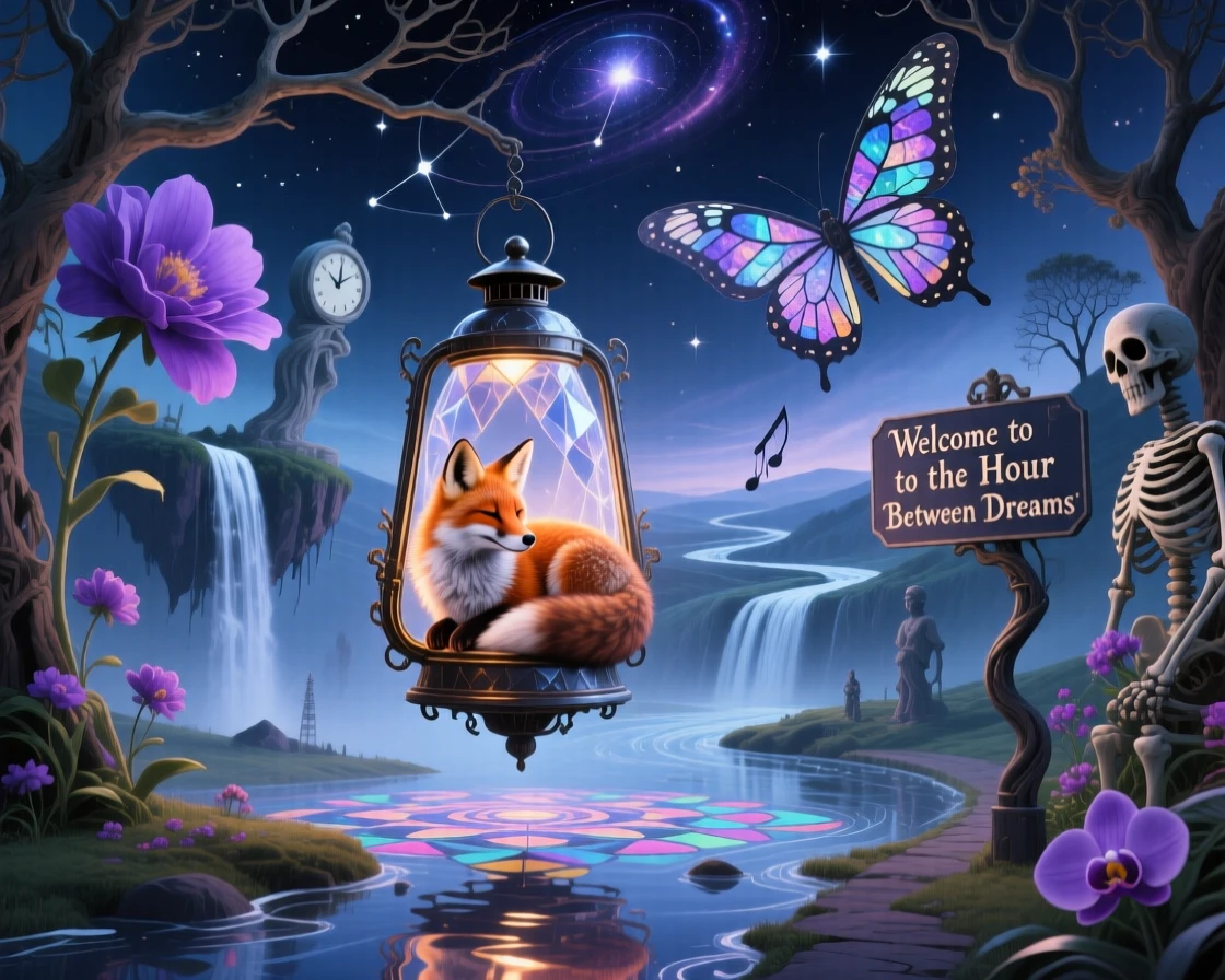 A fox curled asleep inside a giant glowing lantern moves gracefully through a hushed, dreamlike landscape, as the surrounding world holds still in quiet wonder.