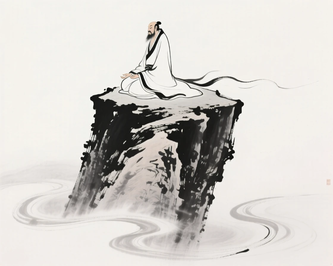 A robed immortal meditates atop a floating mountain peak, with mist swirling slowly around the mountain's base.