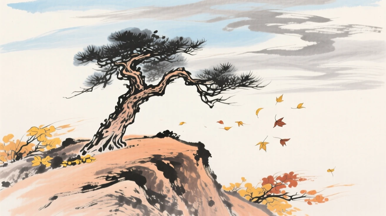 A solitary pine standing atop a windswept ridge, as autumn leaves turn golden, under a sky streaked with clouds.