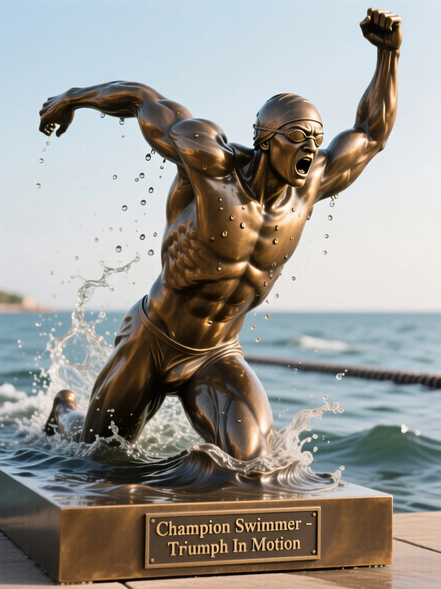 A champion swimmer emerging triumphant from the water, captured at the peak of a powerful movement, forming a strong central focal point