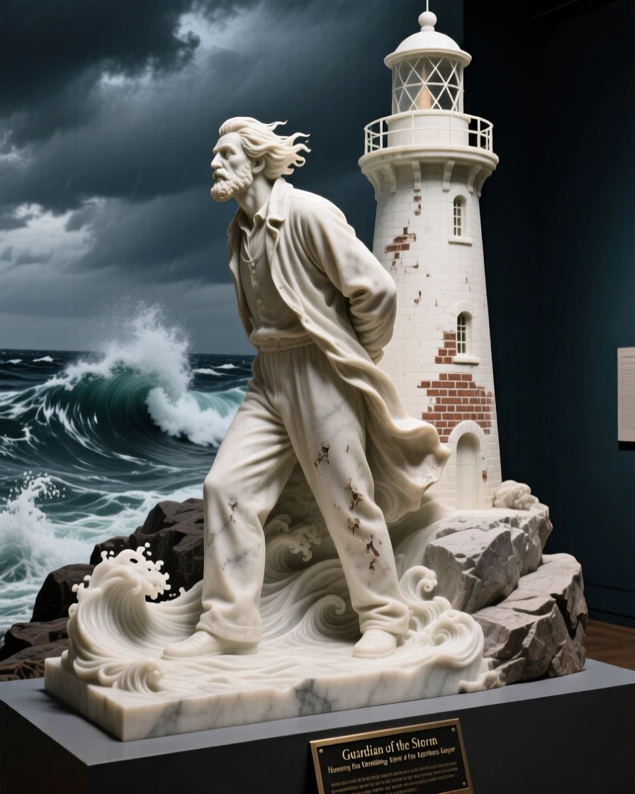 An evocative depiction of a lighthouse keeper watching over a stormy sea, captured with cinematic depth and detail, balancing detail with emotional depth