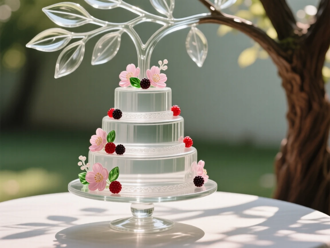 A tiered cake decorated with fresh flowers and berries, on a table set outdoors beneath a shady tree
