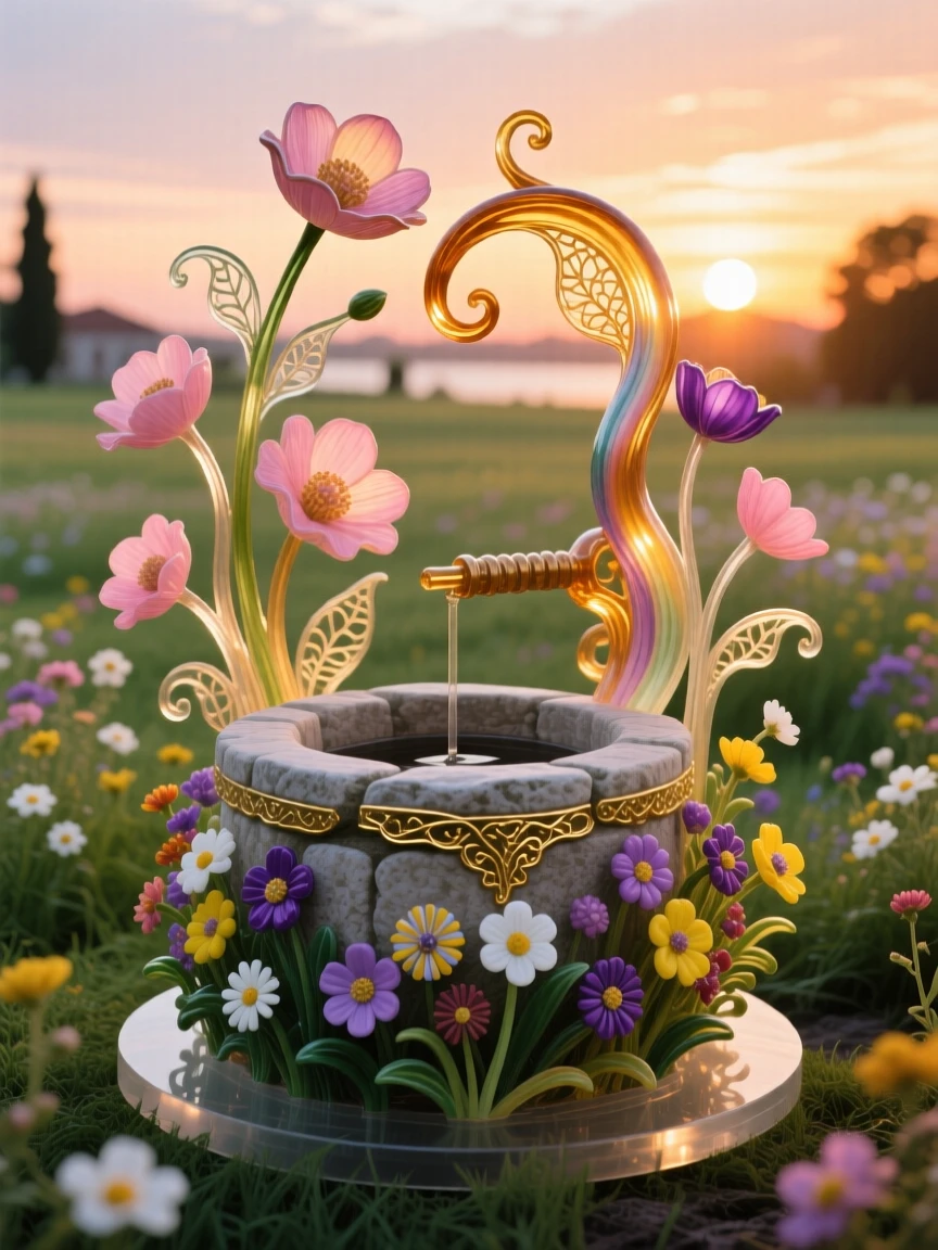 A field of blooming wildflowers surrounding an ancient stone well at the last light of sunset, idyllic and warm.