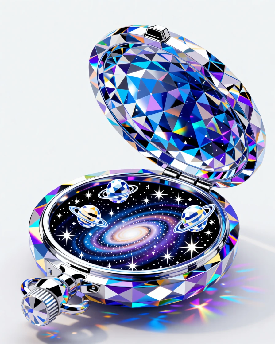 A surreal pocket watch open to reveal a tiny universe instead of gears.