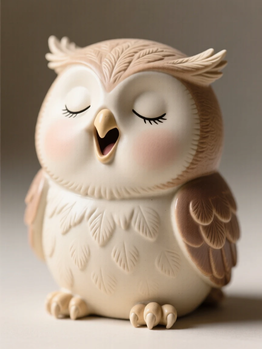 A round-cheeked baby owl blinking sleepily captured mid-yawn in a sleepy, sweet moment, with a small, endearing tuft of fluff, radiating adorable, joyful innocence.