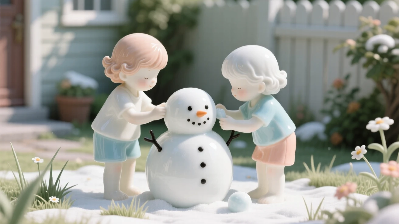 A cozy summer moment: children building a snowman in a quiet yard, framed by the colors of the season.