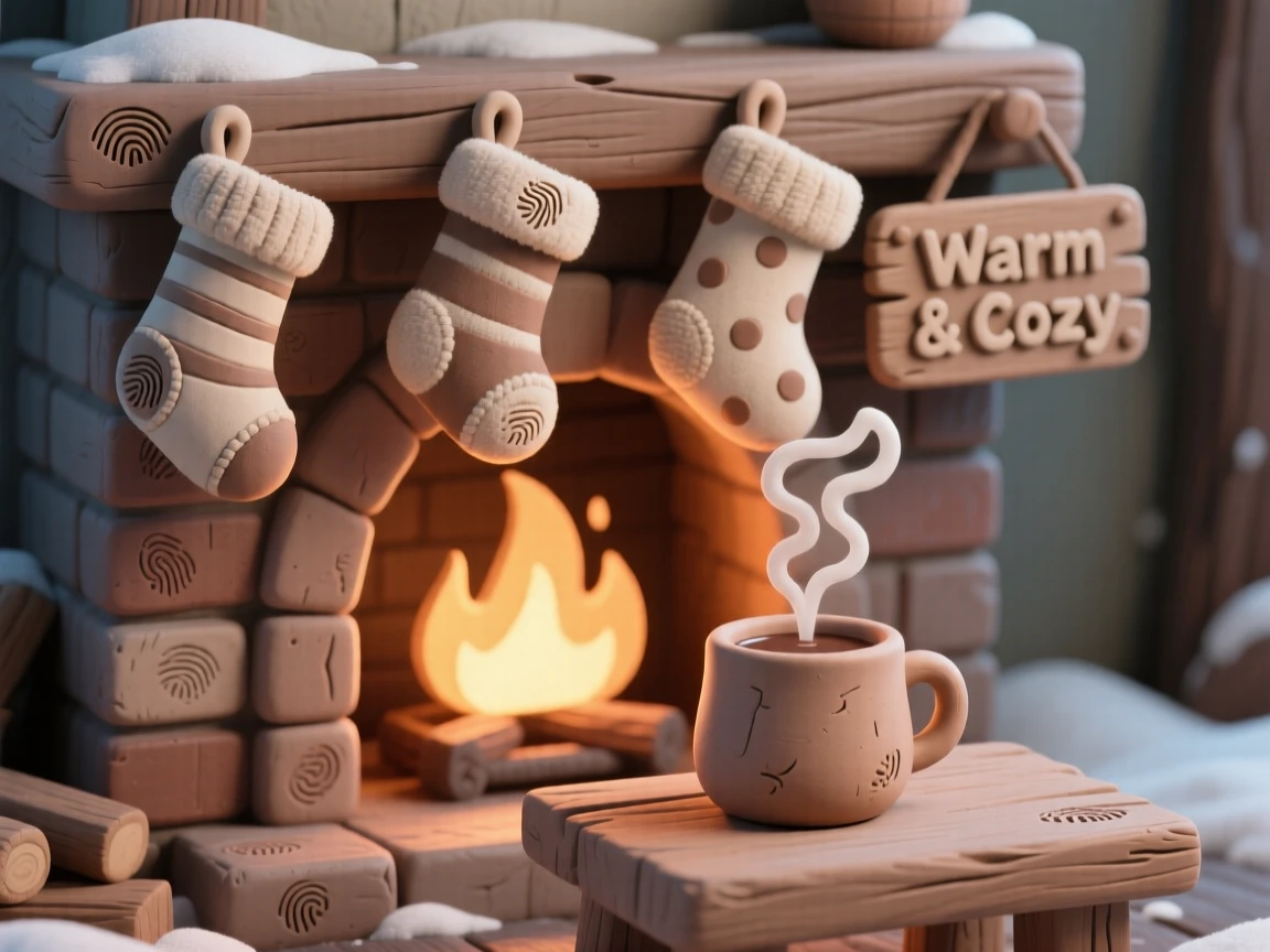A cozy winter fireplace scene with stockings hung and cocoa steaming