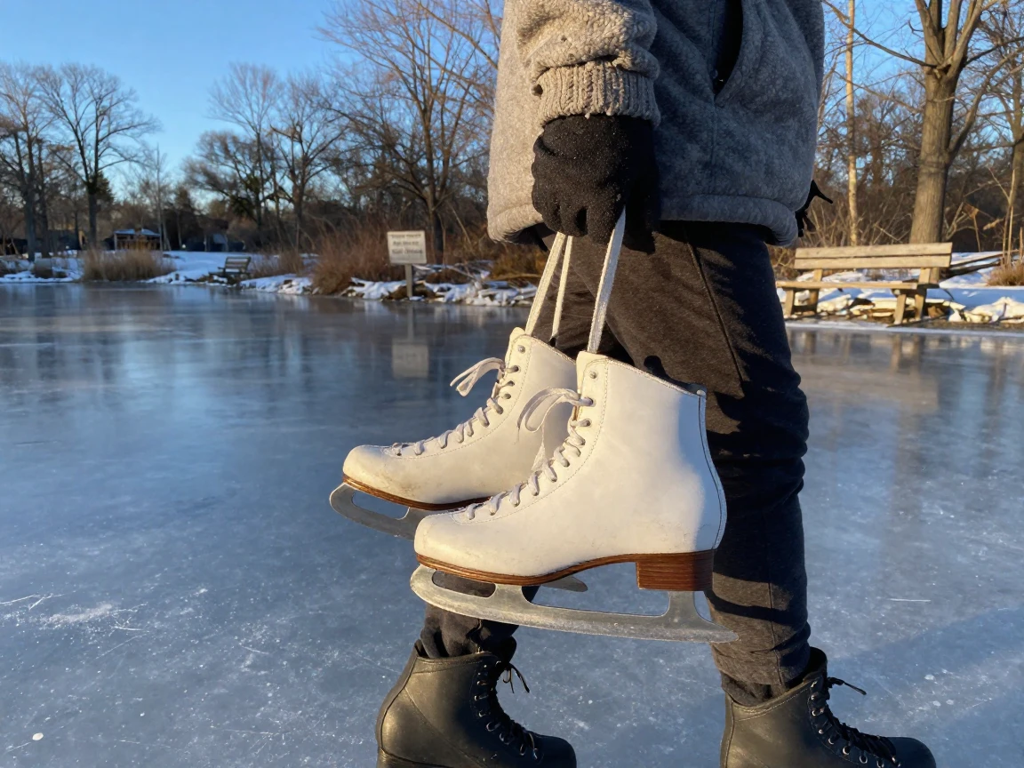 A pair of ice skates slung over a shoulder at a frozen pond