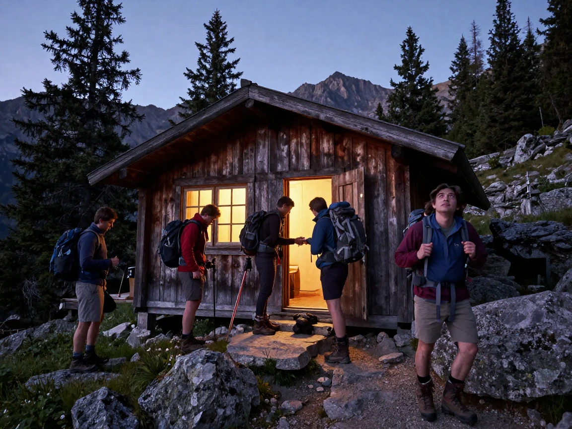 A remote mountain hut glows with warm light as hikers arrive just before dark.