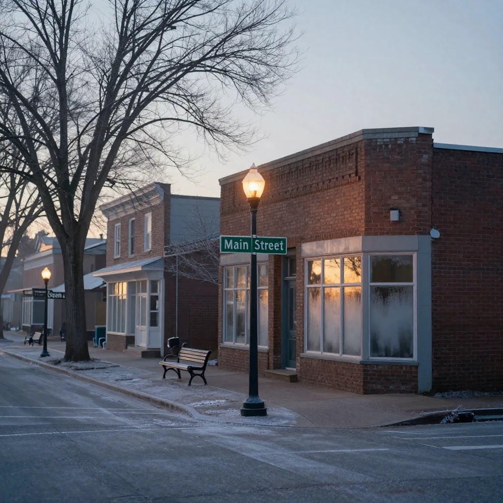 A quiet street corner, bathed in the pale light of a winter dawn, quiet and still