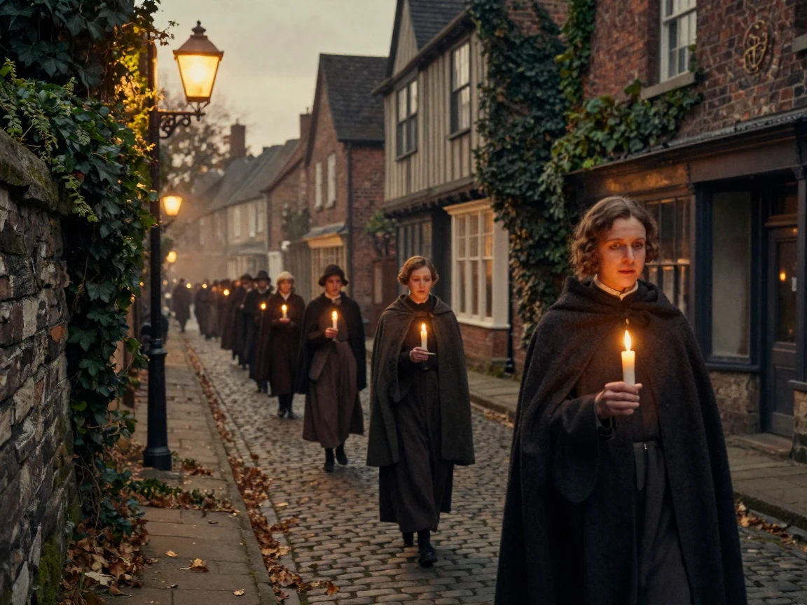A candlelit procession moving through a historic town at dusk, in low lamplight, as heat shimmers over the ground, in late autumn, with deep emerald greens and browns, over the shoulder of the main subject.