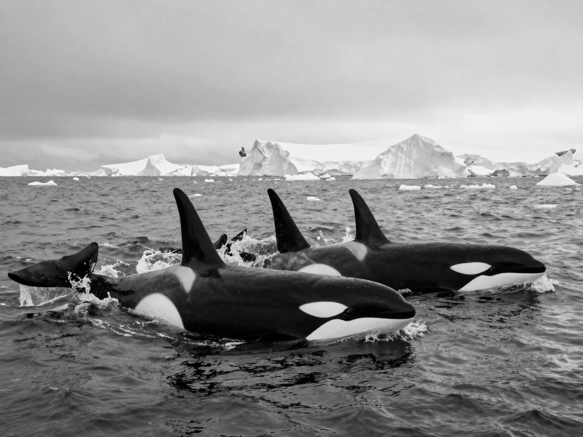 A pod of orcas hunts together in a coordinated formation in icy Antarctic waters.
