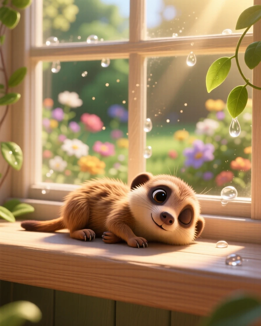 A tiny meerkat pup is resting on a windowsill in warm afternoon light, rolling gently onto its back. The mood is soft, tender, and endearing, with dew drops glistening nearby.