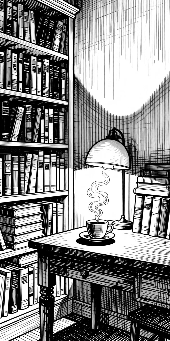 A bookshelf-lined study with warm lamp light as the last light of day fades gently away, with the gentle curl of steam from a warm drink, evoking a softly meditative sense of calm.