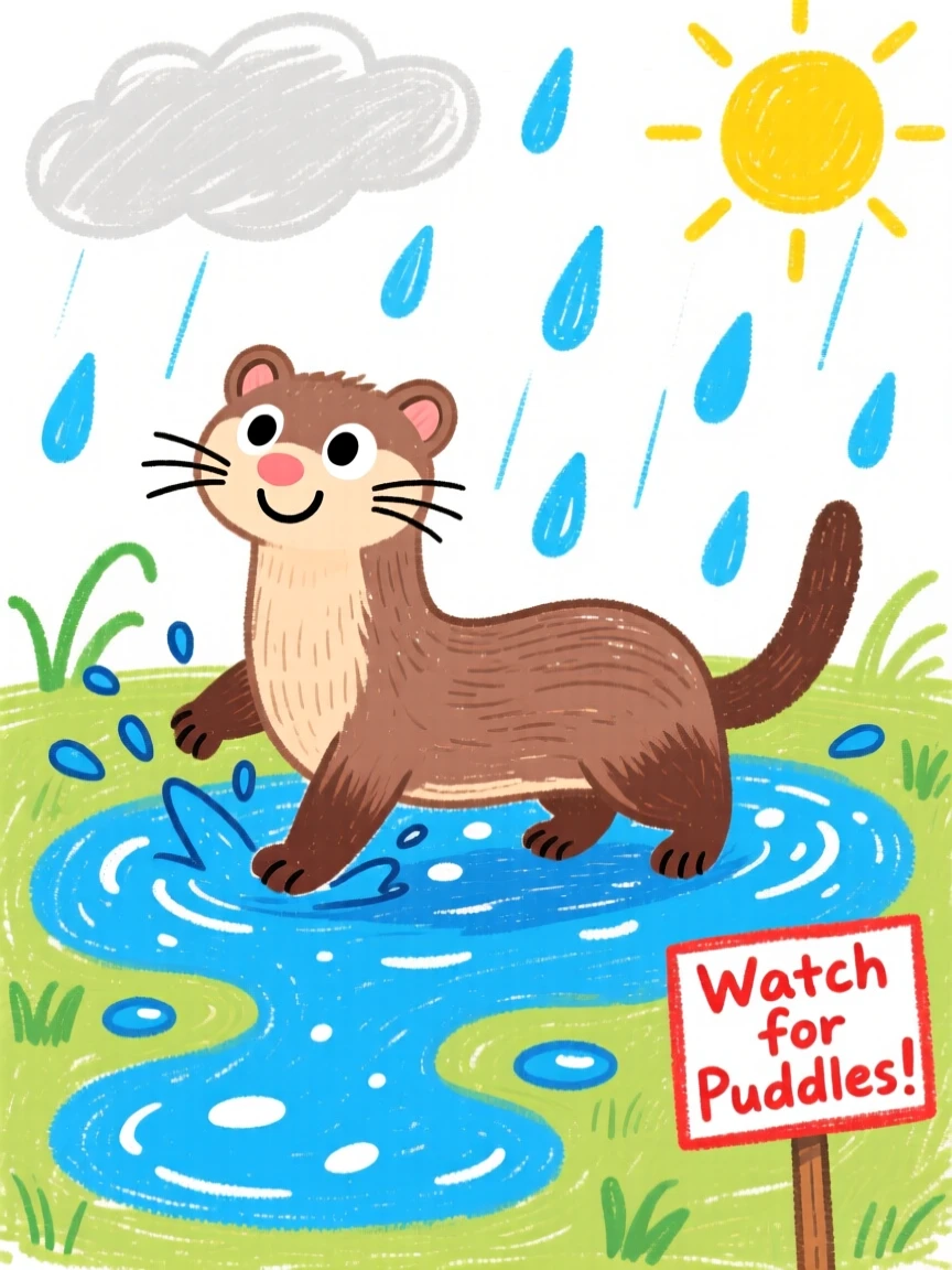 A curious ferret splashing through puddles on a rainy walk.