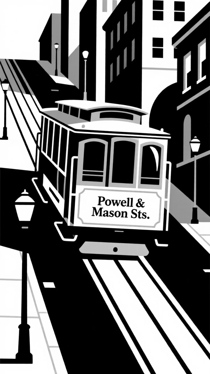 A cable car climbing a steep city street.