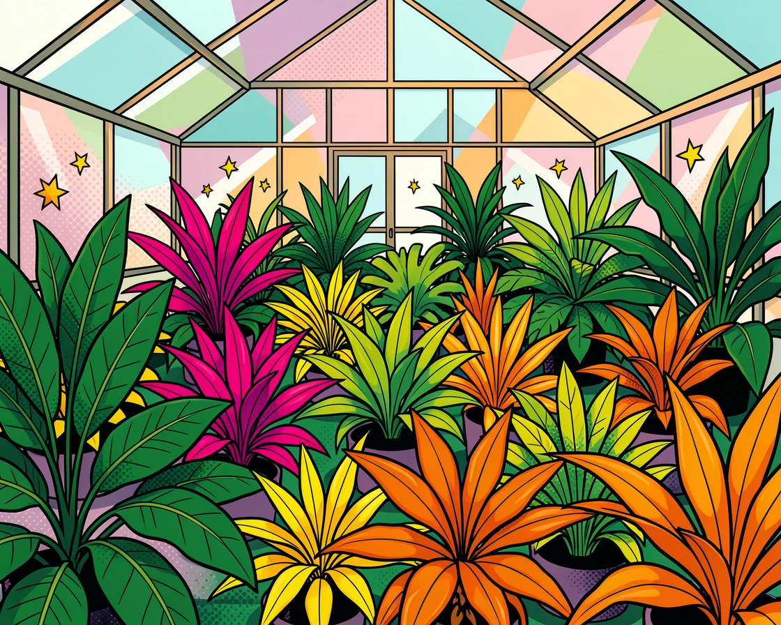 A greenhouse filled with rows of exotic tropical plants