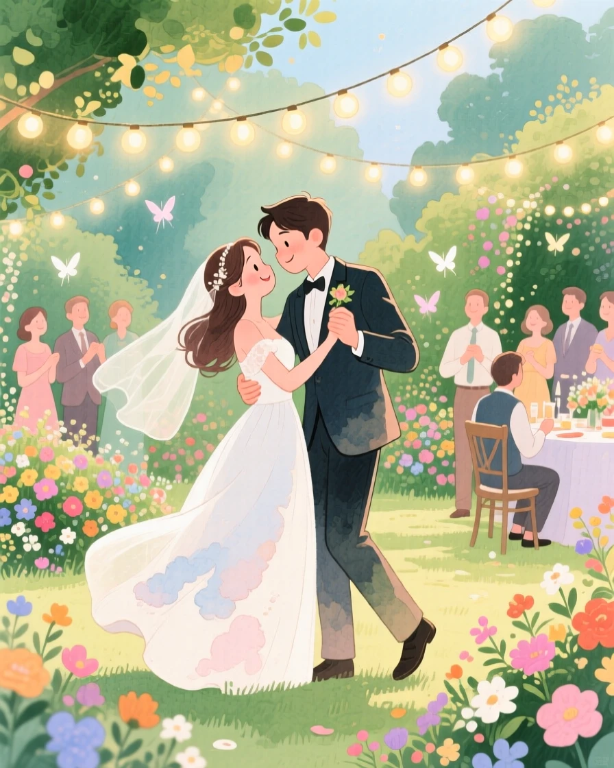 A wedding couple dancing under string lights at their reception, in a garden reception decorated with fairy lights and flowers, with twinkling lights reflected in everyone's eyes, evoking romantic joy and celebration.