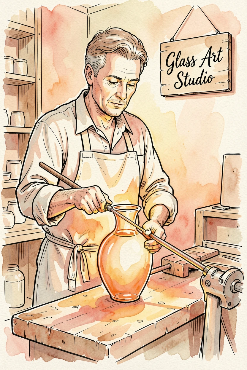 A glassblower shaping molten glass into a delicate vase, warm natural light illuminating the workspace.