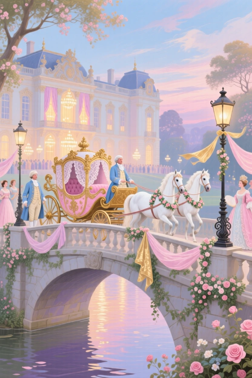 A royal carriage crossing a bridge toward a palace lit for a gala  