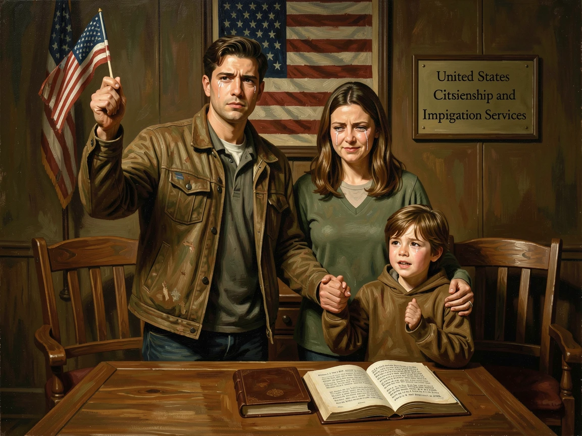 A young immigrant family taking the oath of citizenship, tears of joy in their eyes, as the setting itself echoes the emotional weight of the scene, capturing a powerful moment of hope, resilience, and human triumph