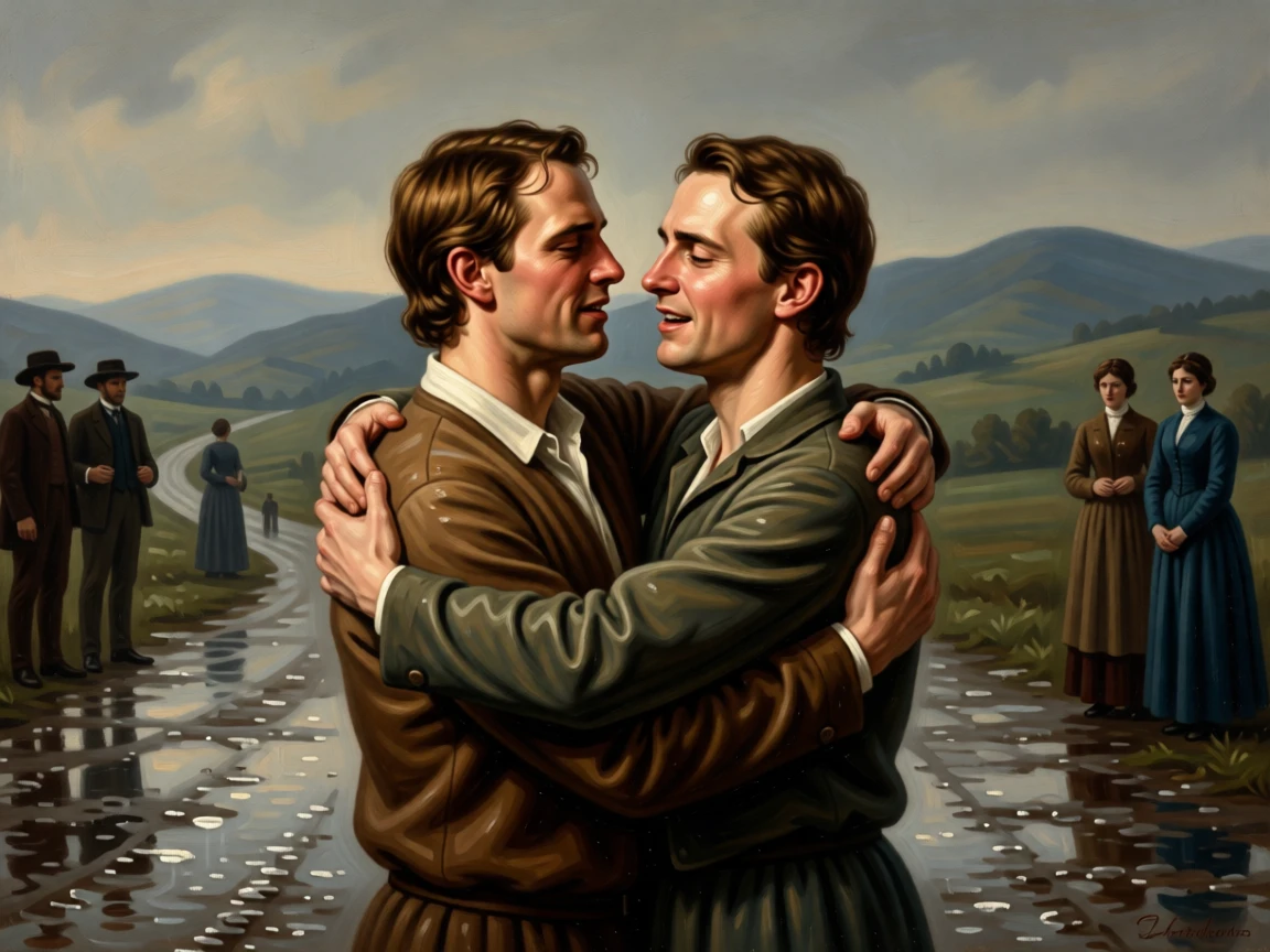Two estranged brothers embracing after years of separation just as relief washes over every face, set on a rain-soaked road leading toward distant hills, with distant figures watching quietly from a respectful distance; diagonal light spills across the reunited figures, isolating them from the crowd, overflowing with tenderness, relief, and quiet triumph.